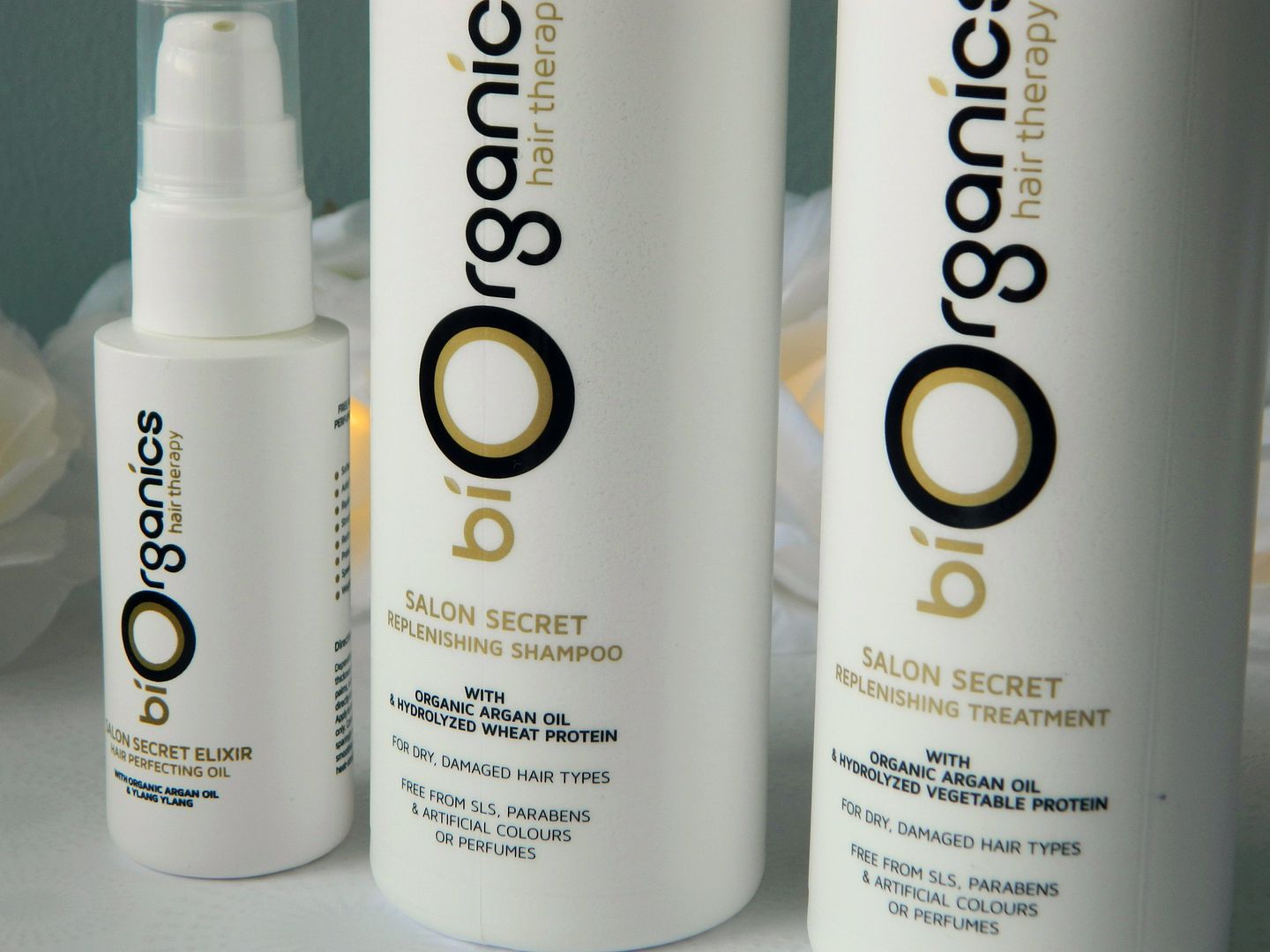 BiOrganics Hair Therapy Salon Secret Range Replenishing Shampoo Treatment Elixir Hair Perfecting Oil Bottle Review Belle-amie