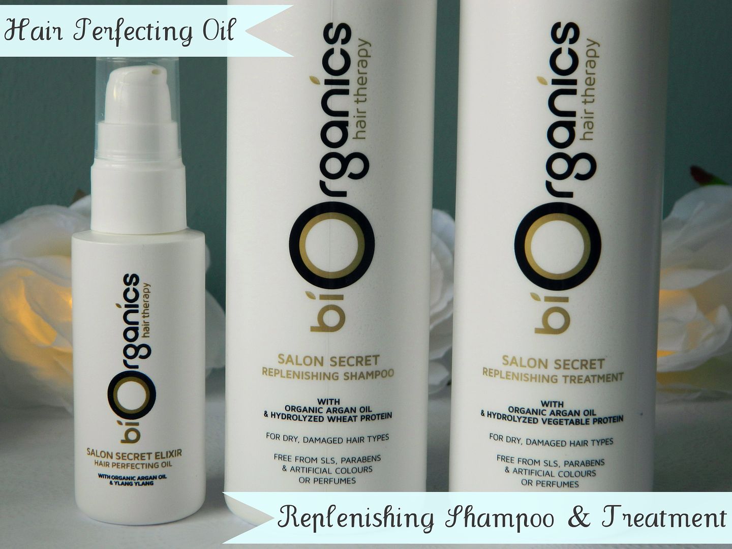 BiOrganics Hair Therapy Salon Secret Range Replenishing Shampoo Treatment Elixir Hair Perfecting Oil Close Up Review Belle-amie