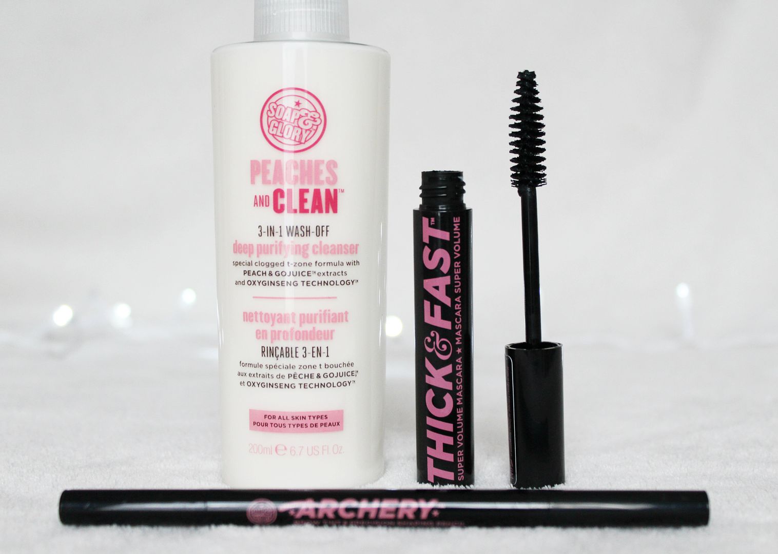 Soap And Glory Beauty Haul Winter 2015 Peaches And Clean Thick And Fast Mascara Super Jet Black Archery Brow Tint Pencil Brownie Points Belle-Amie UK Beauty Fashion Lifestyle Blog