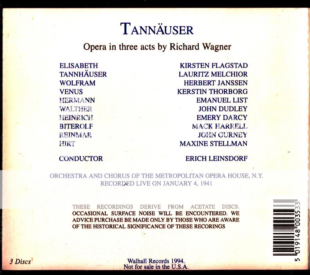 Wagner Tannhauser 3 CD Leinsdorf Met 1941 Flagstad Melchior Janssen